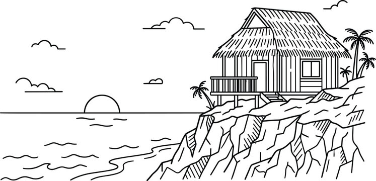 Hand drawn tropical beach landscape sketch featuring a wooden stilt hut on a cliff overlooking an ocean sunset