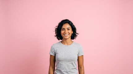 Fototapeta premium Young Woman with Dark Wavy Hair Smiling Happily in a Grey T Shirt Against a Pink Background