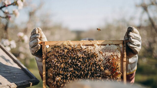 Beekeeper holding a wooden frame full of honeybees and honeycomb in a sunny orchard at daytime.