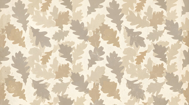 Flat illustrated leaf silhouette pattern in soft taupe and beige tones with layered oak leaves and light distressed paper texture for interior wallpaper great for print and apparel