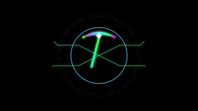 A glowing neon T-shaped symbol with a circular futuristic interface on a black background.