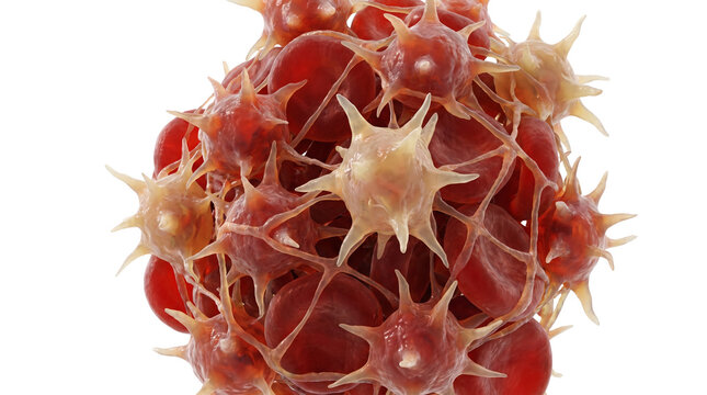 Microscopic blood clot with red blood cells and fibrin mesh. Medical illustration of thrombosis and coagulation process on white background.