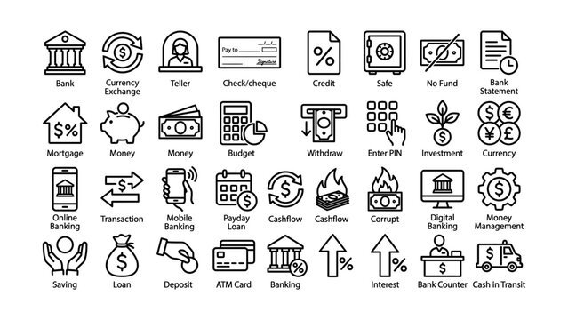 Collection of financial and banking icons with transparent background for various uses