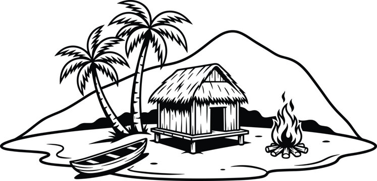 Tropical island landscape emblem featuring a wooden beach hut palm trees campfire canoe boat and distant mountain silhouette