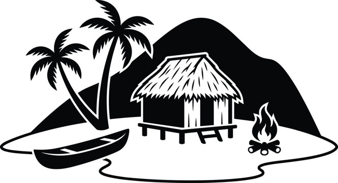 Tropical island landscape solid silhouette emblem featuring a stilt beach hut campfire canoe boat and dark mountain background