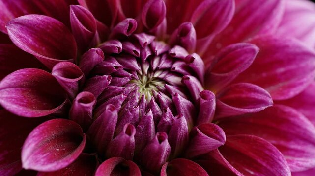 Close-up view of a vibrant magenta dahlia flower showcasing its intricate petal patterns and rich color.