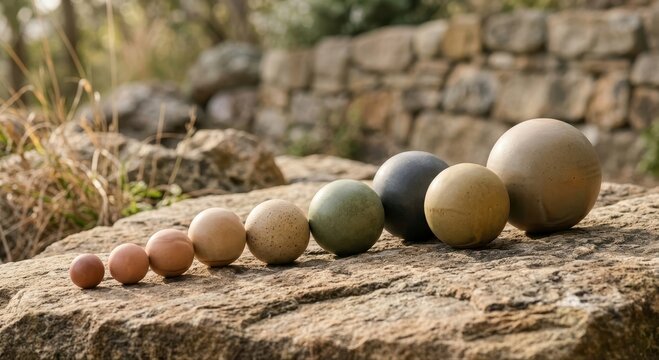 Collection of Varied Bocce Balls Resting on a Textured Stone Surface in an Outdoor Setting