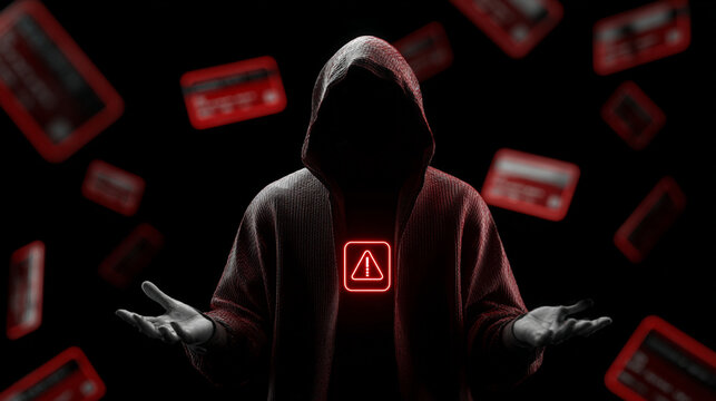 Anonymous hooded hacker standing surrounded by floating red credit cards in a dark mysterious digital environment