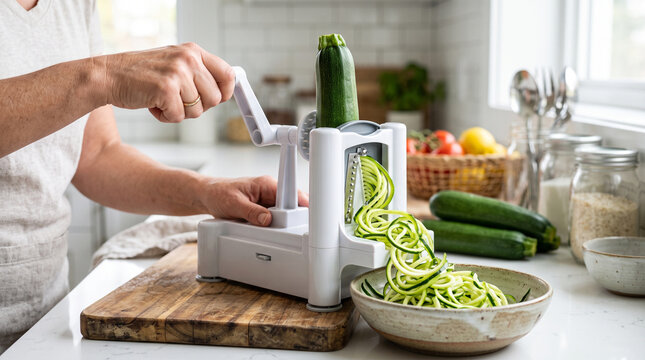 Hand operating manual kitchen vegetable spiralizer tool cutting green zucchini squash into noodles for healthy food preparation.