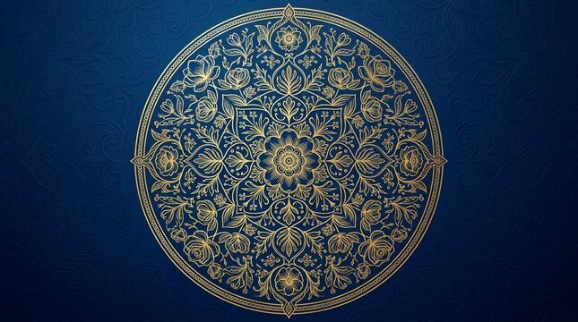 Intricate golden mandala design on deep blue background with floral motifs