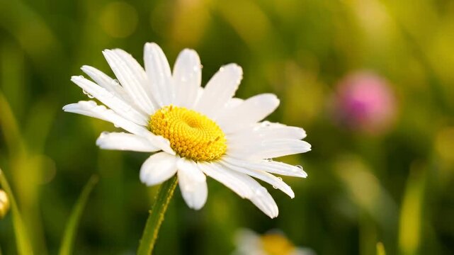 A beautiful white daisy with a vibrant yellow center, glistening with dew drops, stands out against a soft, blurred green background in a sunny field.
