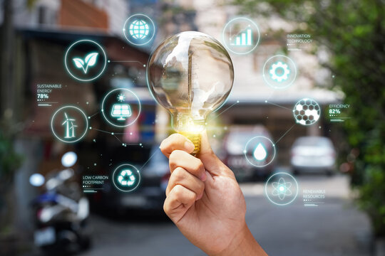 A hologram represents digital technology and sustainable innovation. Renewable energy and connected data highlight a cleaner future.