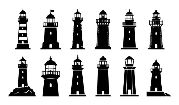 Lighthouse Silhouette Icon Set, Coastal Beacon Tower and Nautical Vector Collection
