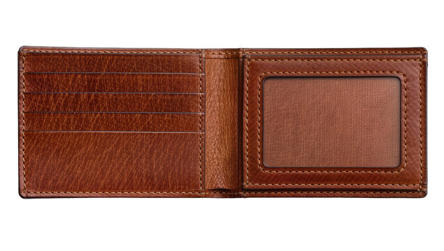 Brown leather bifold wallet with multiple card slots and ID window, isolated on transparent background