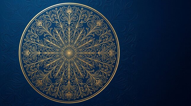 Intricate golden mandala pattern on a textured deep blue background with copy space