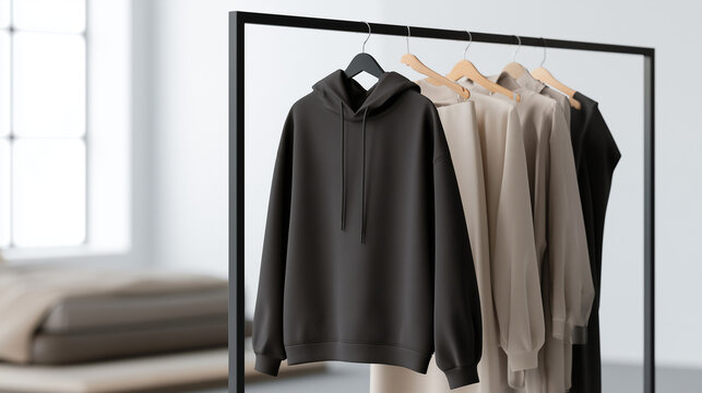 Professional Black Hoodie Mockup Displayed on a Minimalist Clothing Rack for Apparel Branding