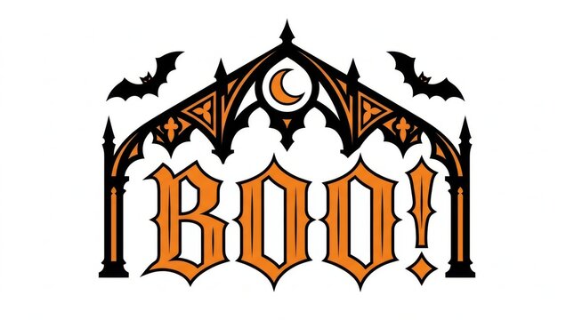 Gothic arch gateway banner framing halloween boo text and bats with ornate archi