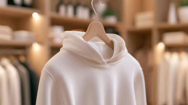 Minimalist White Hoodie Mockup Displayed in a Luxury Modern Boutique Clothing Store Interior