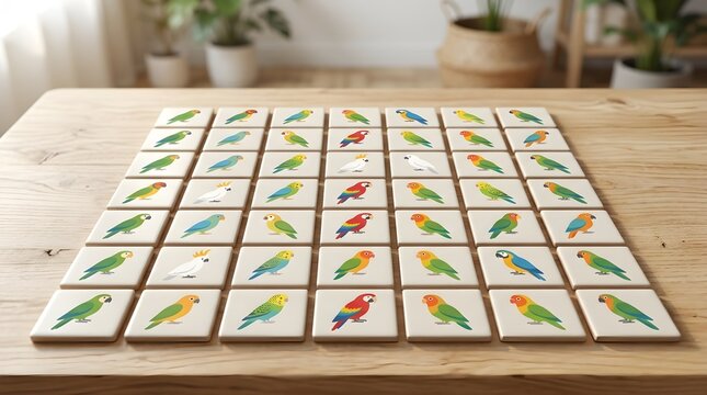 Square tiles with colorful parrot illustrations arranged on wooden table