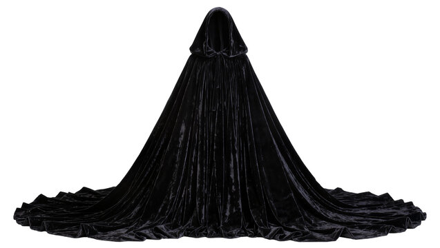 Luxurious black velvet hooded cloak with long flowing train, isolated on transparent background