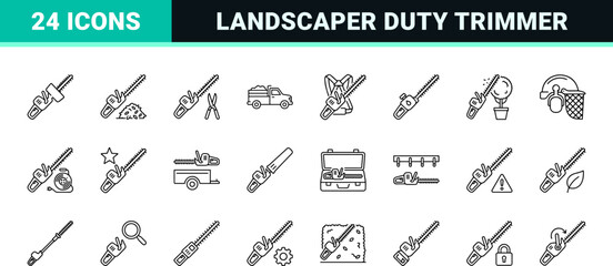 Naklejka premium Hedge Trimmer Landscaper Duty Web Icon Set in Linear Style. Collection of Trimming Tool line icons, including landscaping, hedge maintenance, equipment, safety, pruning, yard care.