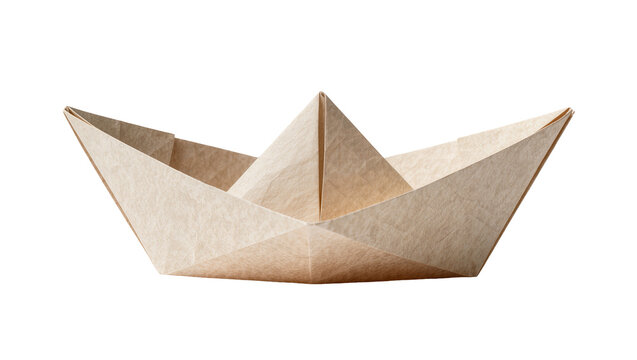 Brown textured paper origami boat, isolated on transparent background