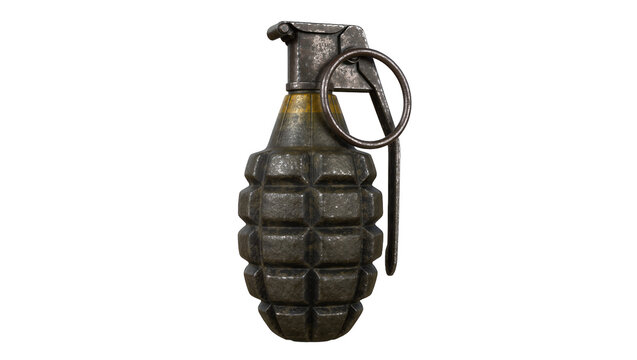 Textured metal fragmentation grenade with safety pin and ring, isolated on transparent background