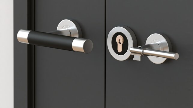 Modern metal door handles and lock mechanism with a key inserted.