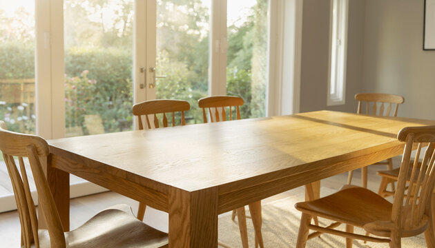 Bright and sunny dining room interior with a large oak dining table, empty chairs, and glass doors overlooking a blurred green garden.