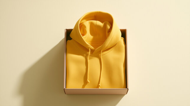 Premium Cotton Yellow Hoodie Mockup Presented Inside An Elegant Minimalist Shipping Package