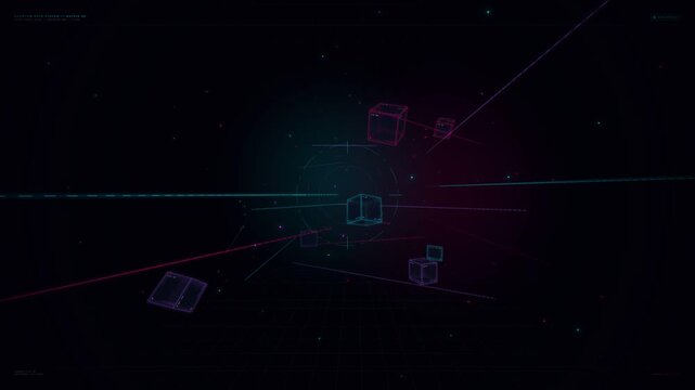 Futuristic cybernetic HUD interface featuring floating wireframe glowing cubes and vibrant laser lines across a dark digital cyberspace environment in a seamless motion graphics background video.