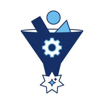 A conceptual illustration of a data funnel icon with a gear symbol representing optimized business process and lead generation