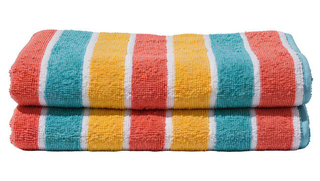Two folded striped beach towels in coral yellow and teal, isolated on transparent background
