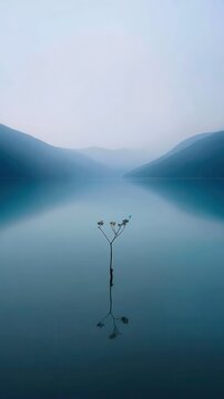 Tranquil lake scene with a lone plant reflected in the water.