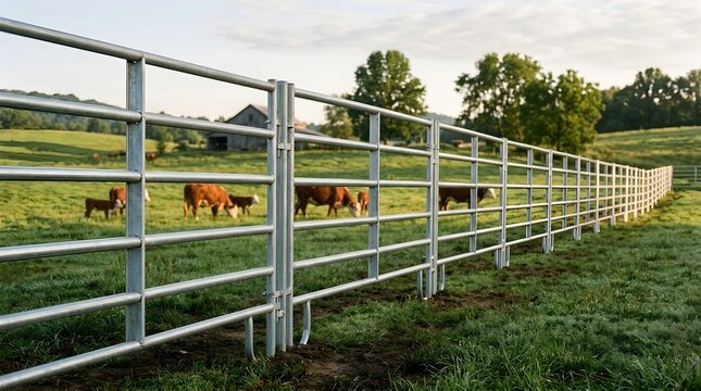 Steel metal fence surrounding a green cow pasture on a rural farm