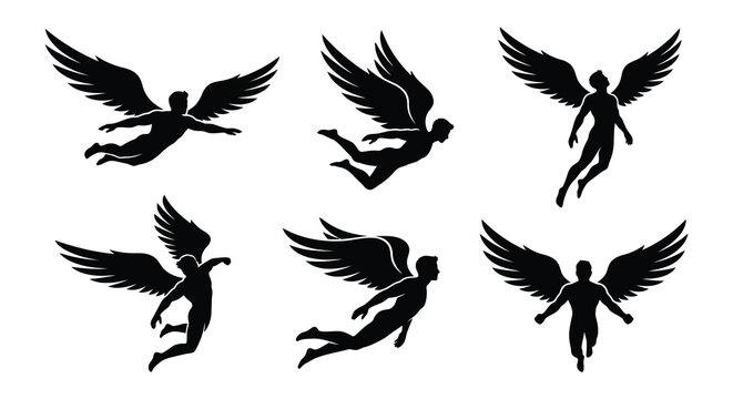 Silhouettes of winged human figures in dynamic poses vector illustration