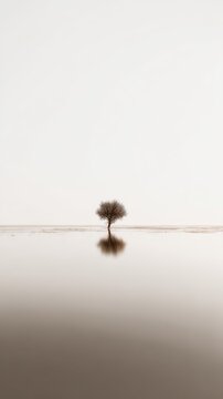 Solitary tree reflected in a flooded landscape.
