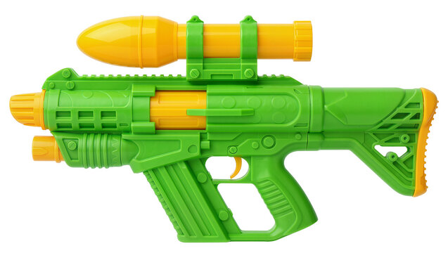Green and yellow plastic toy rifle with scope, isolated on transparent background