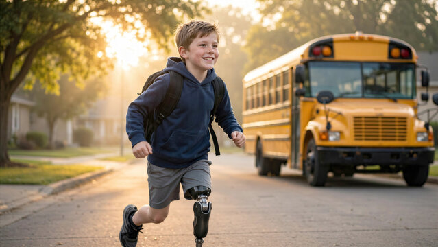 Empowered boy with leg prosthesis running confidently towards yellow school bus in morning