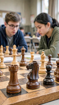 High school chess club students focused intensely on chess game during tournament match