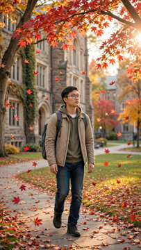 Asian male college student walking on scenic university campus with falling autumn leaves