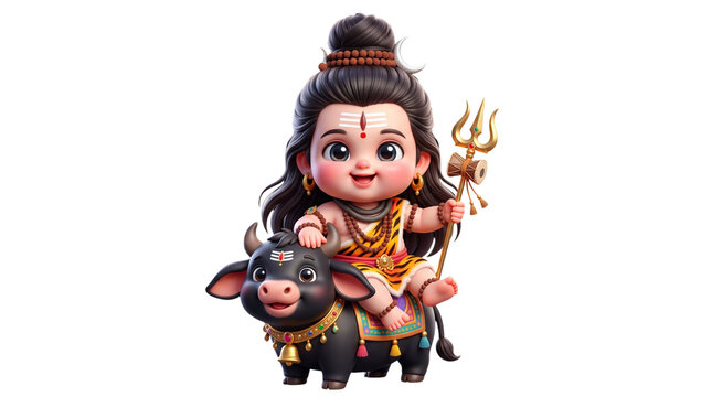 Cute cartoon lord shiva riding nandi bull isolated on transparent background