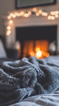 Cozy gray blanket draped over a bed near a fireplace.