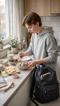 Student preparing fresh healthy breakfast and backpack on kitchen counter before school