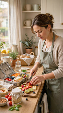 Loving mother packing healthy lunchbox with fresh fruits for child in modern kitchen