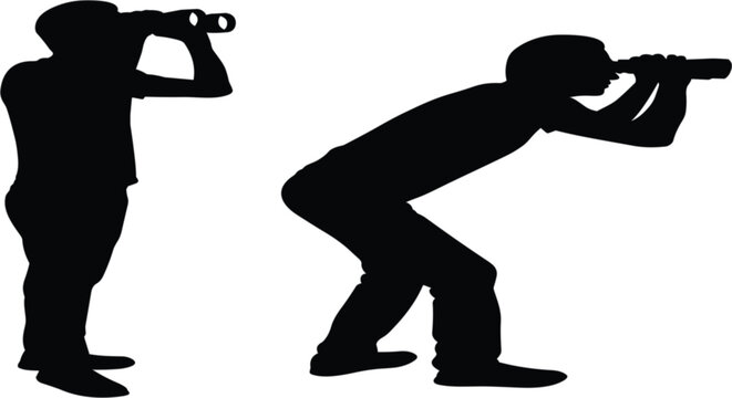 Vector silhouettes of men looking through binoculars and spyglass, representing concepts of future vision, discovery, search, and research.