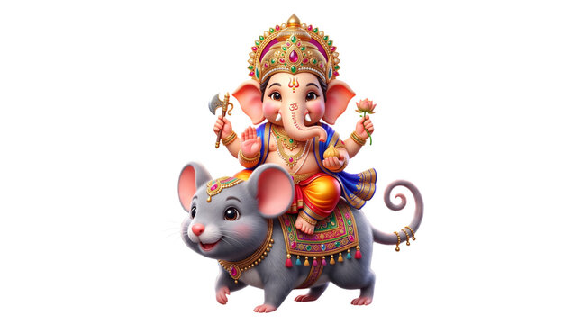 Cute baby lord ganesha riding a mouse isolated on transparent background