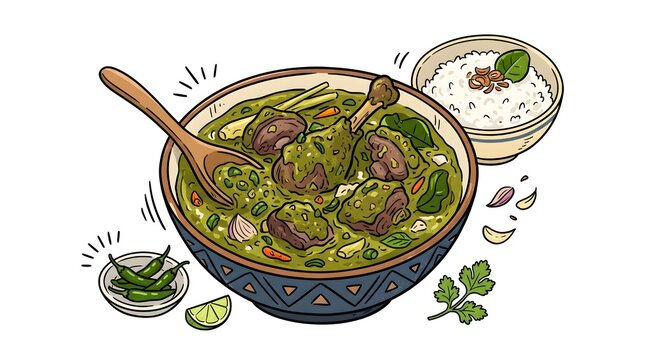 Gulai Itiak Lado Mudo Minang Green Chili Duck Curry Flat Doodle Vector Illustration