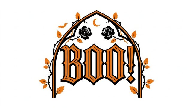 Halloween boo text graphic framed by autumn leaf vines and gothic arch