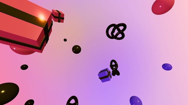 Abstract 3D loop animation of floating gift boxes, shiny black knots, and colorful spheres over a smooth pink gradient backdrop in a playful zero-gravity modern surreal holiday concept scene.